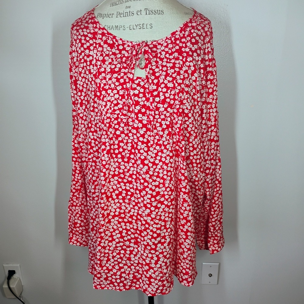 Suzanne Betro Long Sleeve Floral Top Womens 4X Red Tie Neck Keyhole Cottage Boho